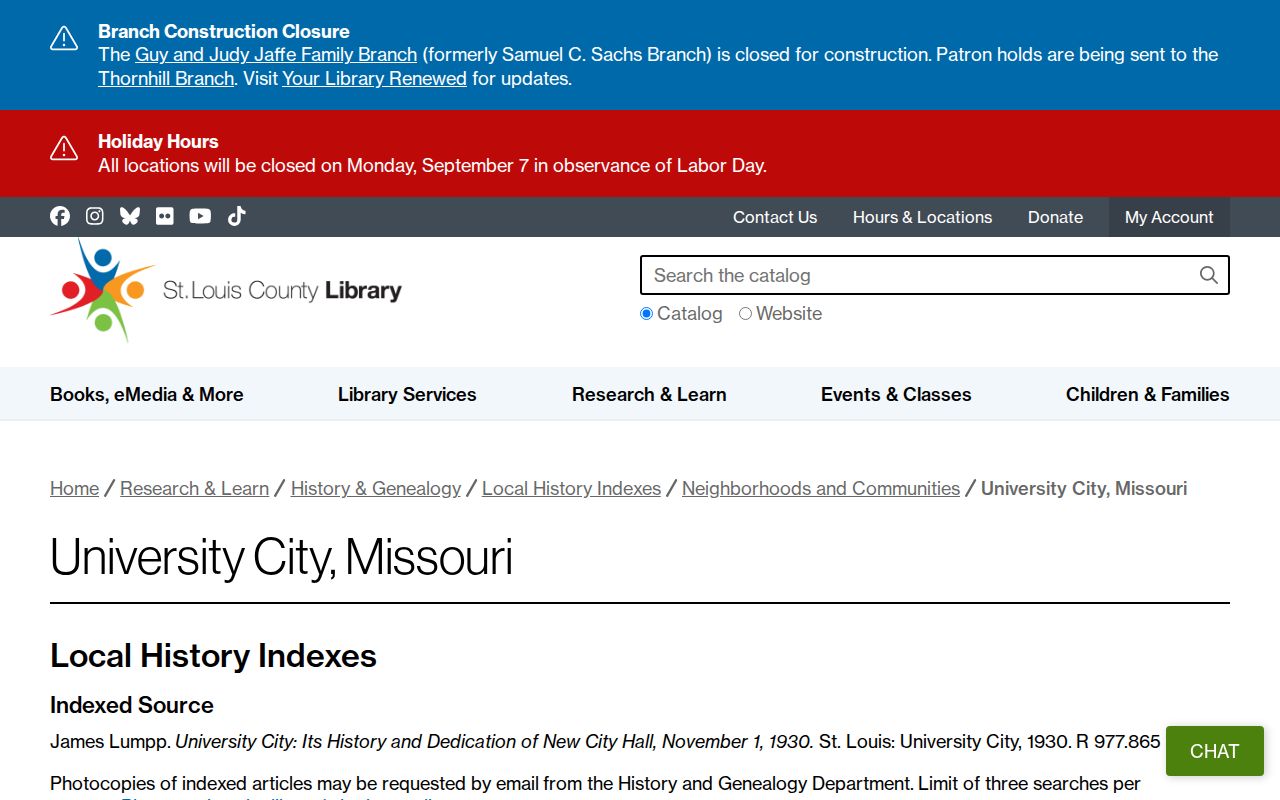 University City Previous Residents local history index with page and photo references